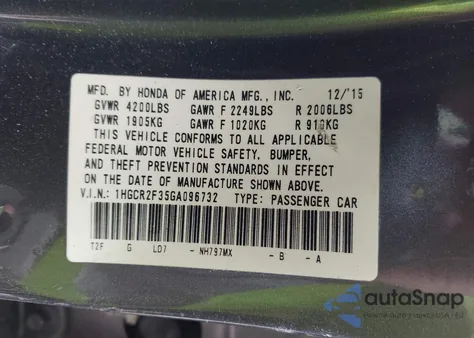 2016 Honda Accord Lx from USA, damaged, VIN 1HGCR2F35GA096732